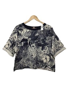 2/40$ BOXY Old Navy crop sweater top oversiz ecru blue floral short sleeve Mediu